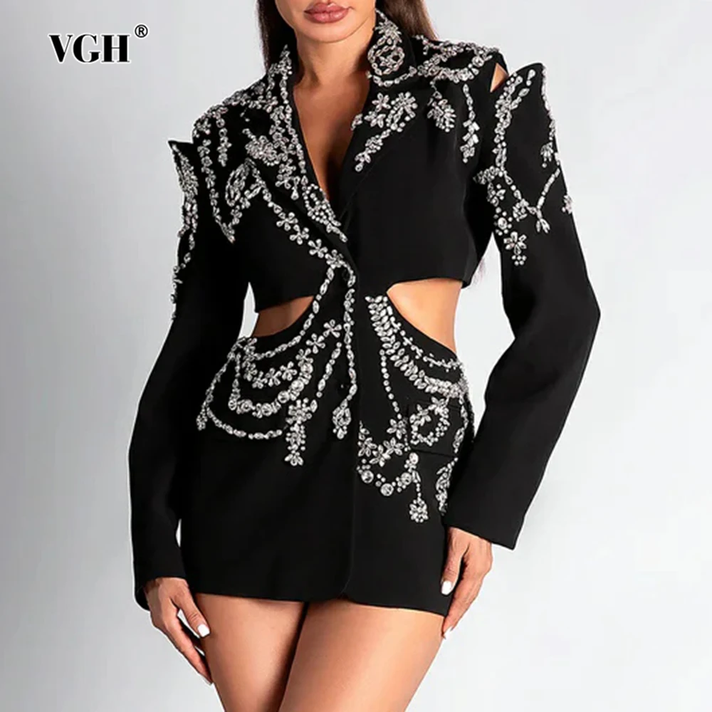 

VGH Gorgeous Slimming Blazers For Women Lapel Long Sleeve Hollow Out Spliced Diamonds Temperament Jackets Female Fashion Style