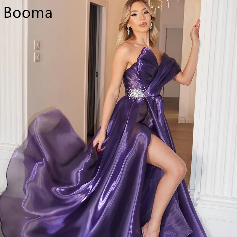 

Booma Shiny Purple A-Line Side Split Crystal Pleat Long Dresses Formal Party Gowns for Women Sleeveless Simple Prom Gown Custo