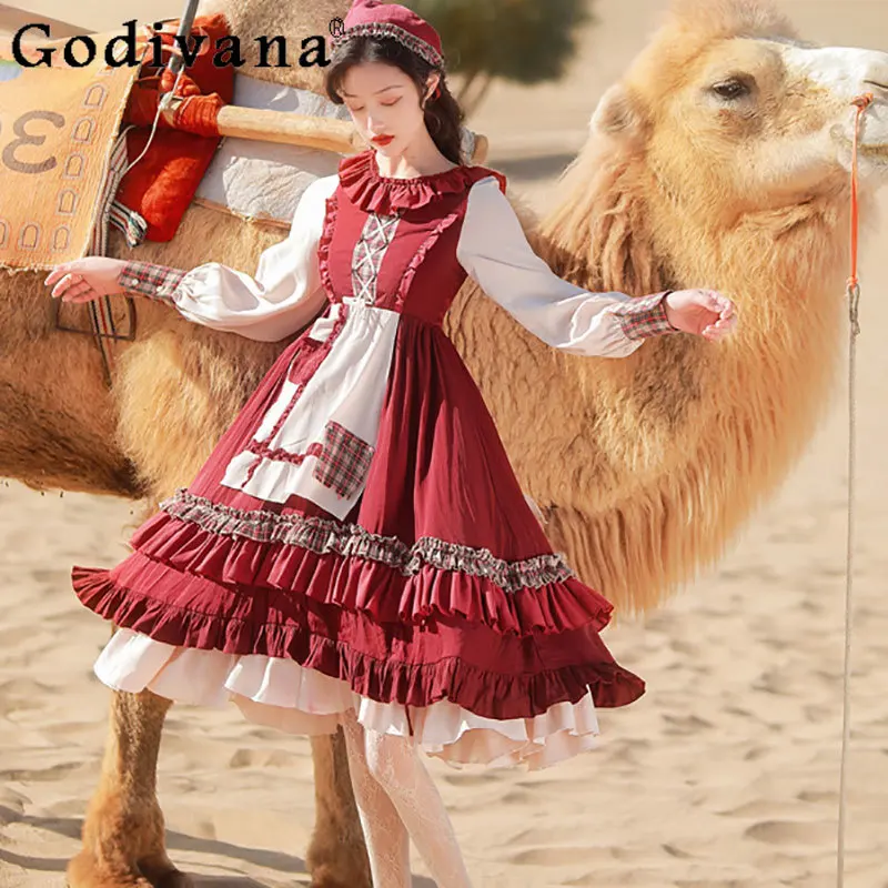 

Large Size L-4XL Lolita Sweet Big Swing Long Sleeve Peter Pan Collar Dress Girl High Waist Ruffles Lace-up A-line Red Dresses