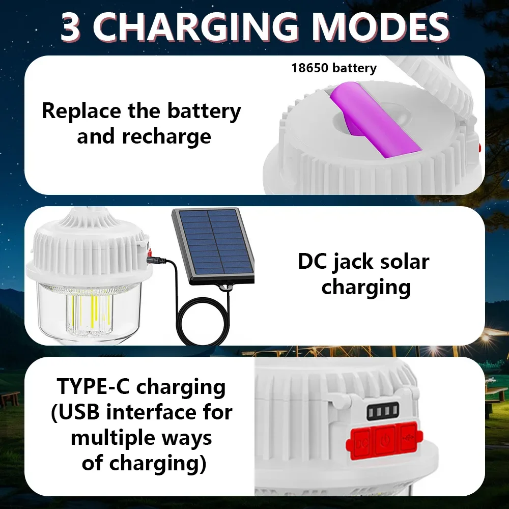 الطاقة الشمسية LED التخييم ضوء 2400mAh نوع C لمبة قابلة للشحن مقاوم للماء خيمة معلقة فانوس المحمولة الدافئة + الأبيض مصباح العمل في حالات الطوارئ