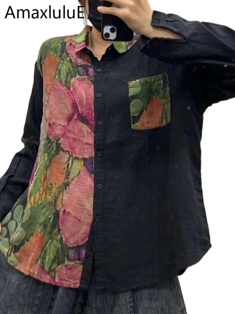 

Amax LuluE Spring Classic Vintage Patchwork Tops Womens Chinese Printed Leisure Loose Blouses Ladies 2026 Fashion Floral Shirts
