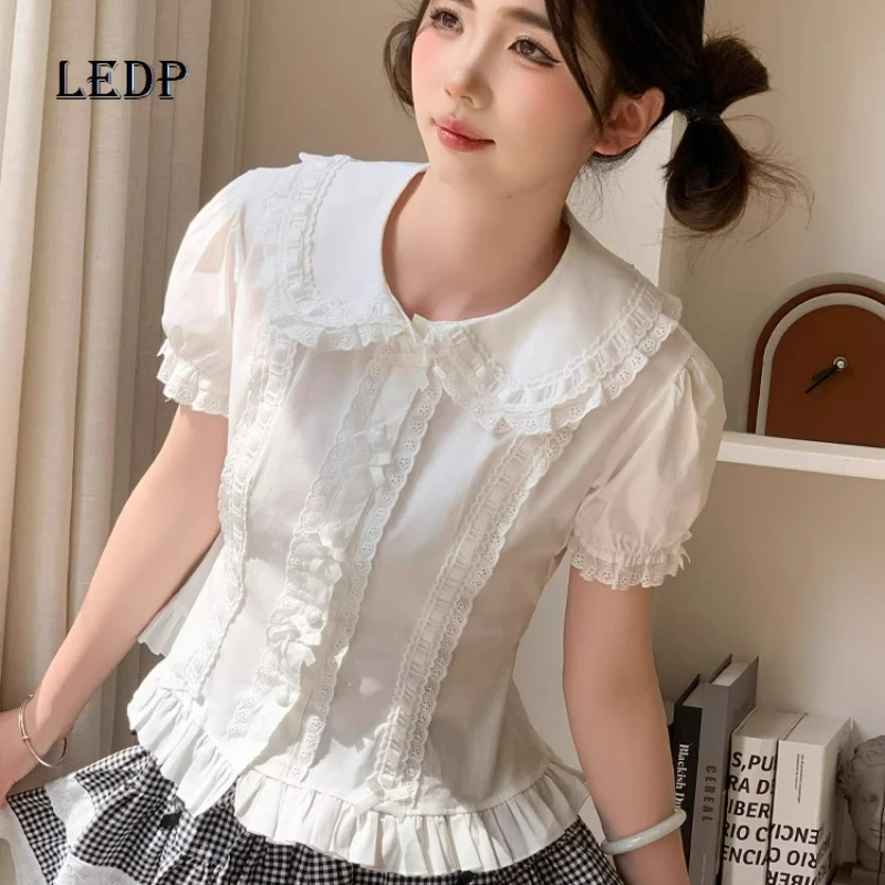 

Japanese White Lolita Cute Doll Collar Women's Shirt 2025 Autumn New Slimming Versatile Temperament Bubble Sleeve Shirt Ladies