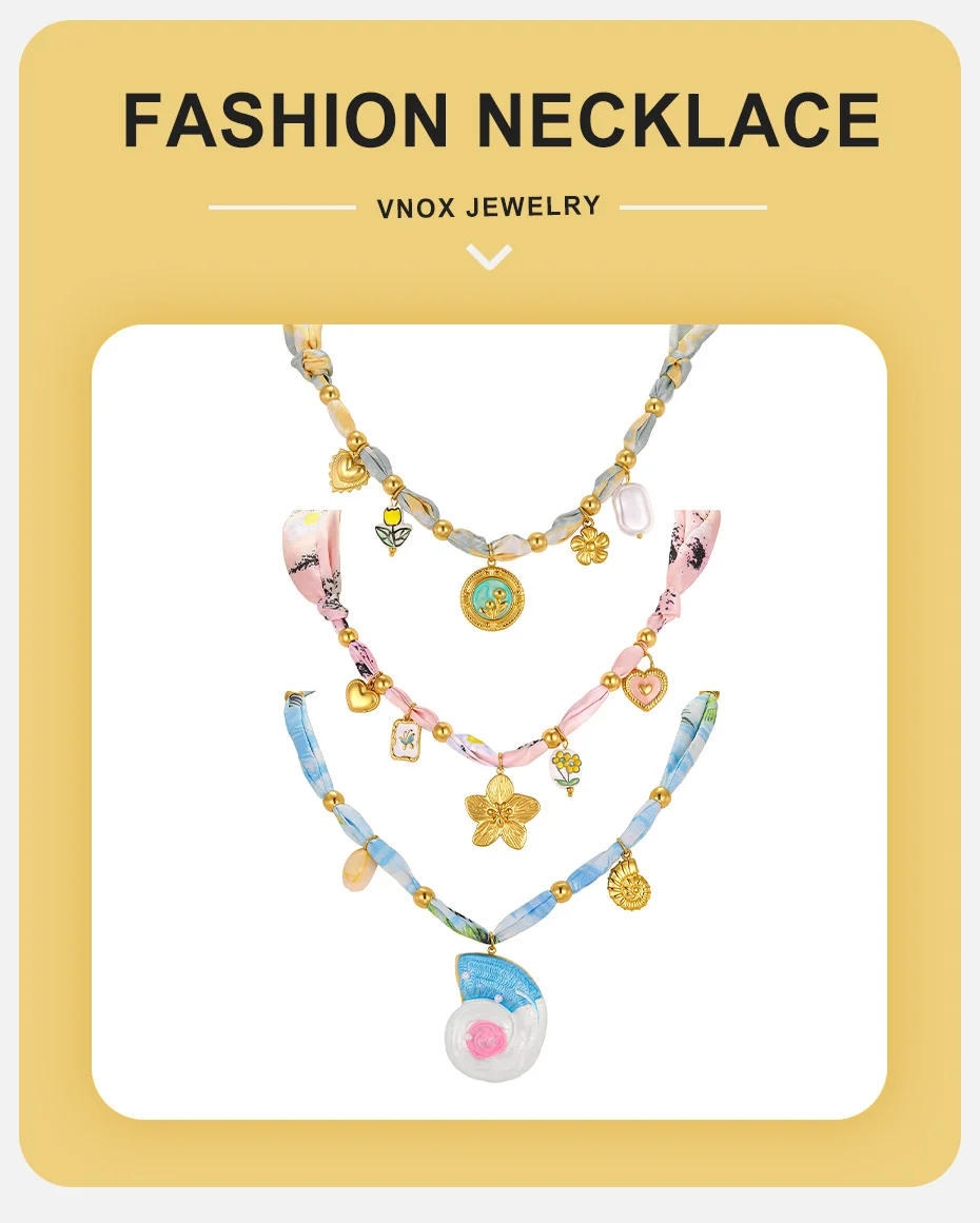 Vnox Boho Keramik-Blumenherz Imitationsperlen-Seidenschal-Halskette, vergoldete Harz-Muschel-Anhänger Schlüsselbeinkette Strand-Schmuck – Detail 1