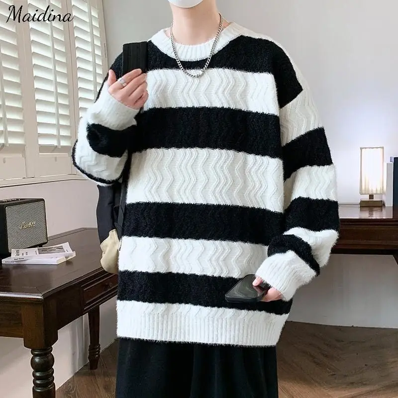 Moda cuello redondo Color a juego suéter suelto a rayas ropa de hombre 2025 Otoño e Invierno nuevo suéter básico Jersey Casual S