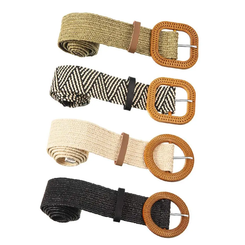 

Belt Elastic Dress Belt Women Boho Weaving Straw Waist Band Pin Buckle Dress Jeans Decor Wooden Style Buckle Waist Dress Band