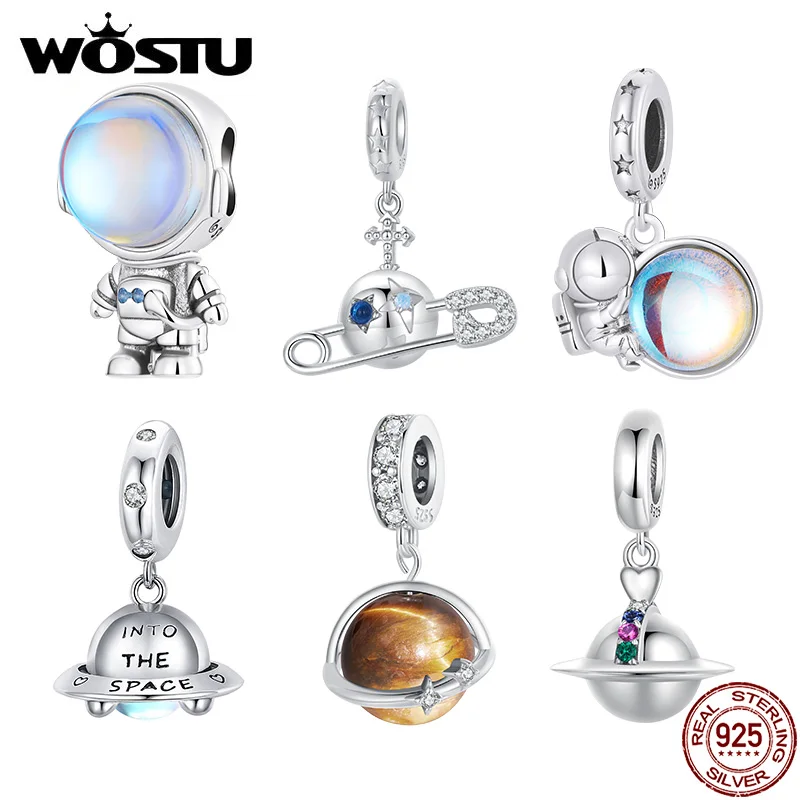 WOSTU 925 Sterling Silver Planet Astronaut Rocket UFO Moon Charms Beads Pendant Fit Original Bracelet Necklace For Women Jewelry