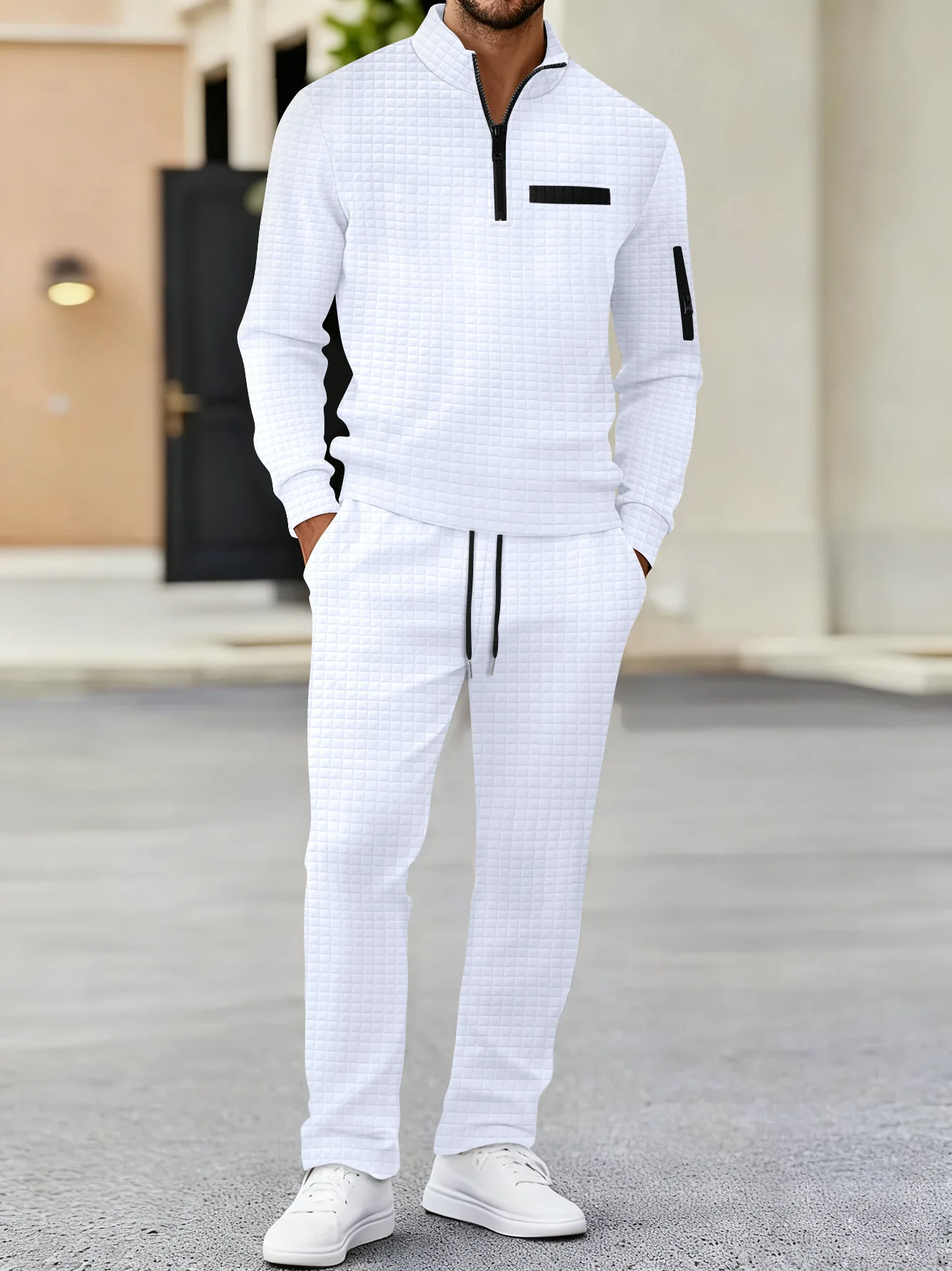 

New spring-autumn speedy casual men's trendy outfit with checkered POLO shirt, arm zippers, sports drawstrings and elastic waist