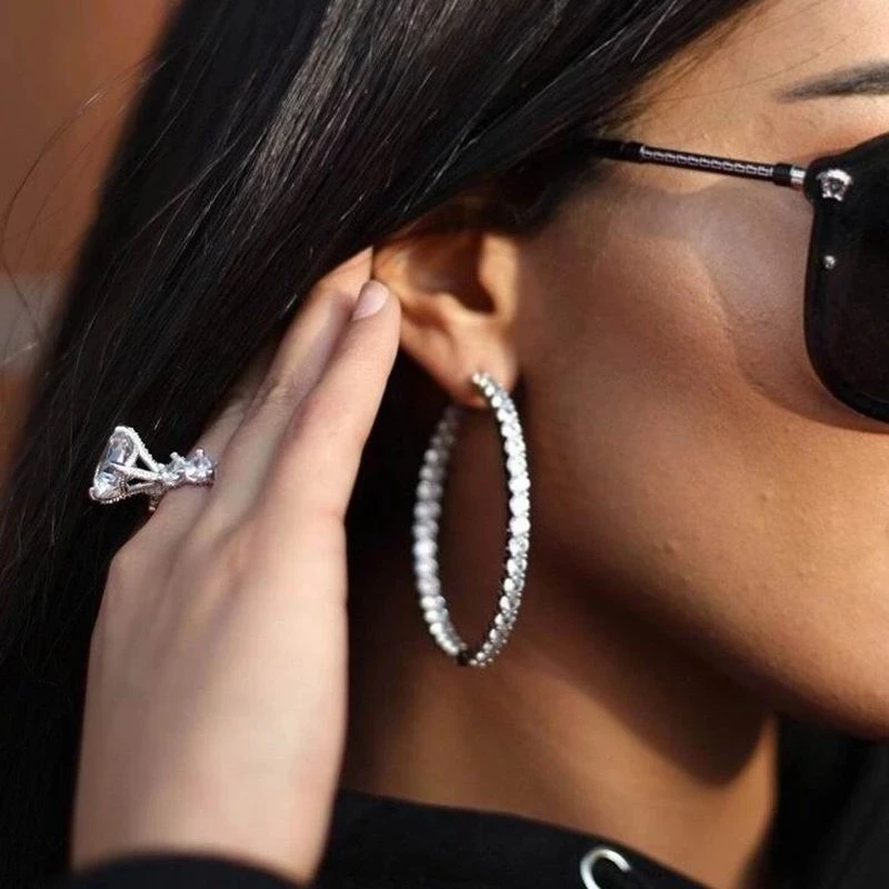 Новая мода 58 мм Iced Out CZ Круглые серьги-кольца для женщин Модные украшения Золото Серебро Цвет CZ Белый Розовый Камень Женские серьги