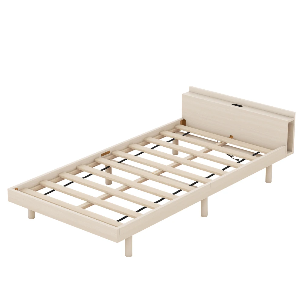 Modern Design Twin Size Platform Bed Frame with Built-in USB Ports for White Washed Color