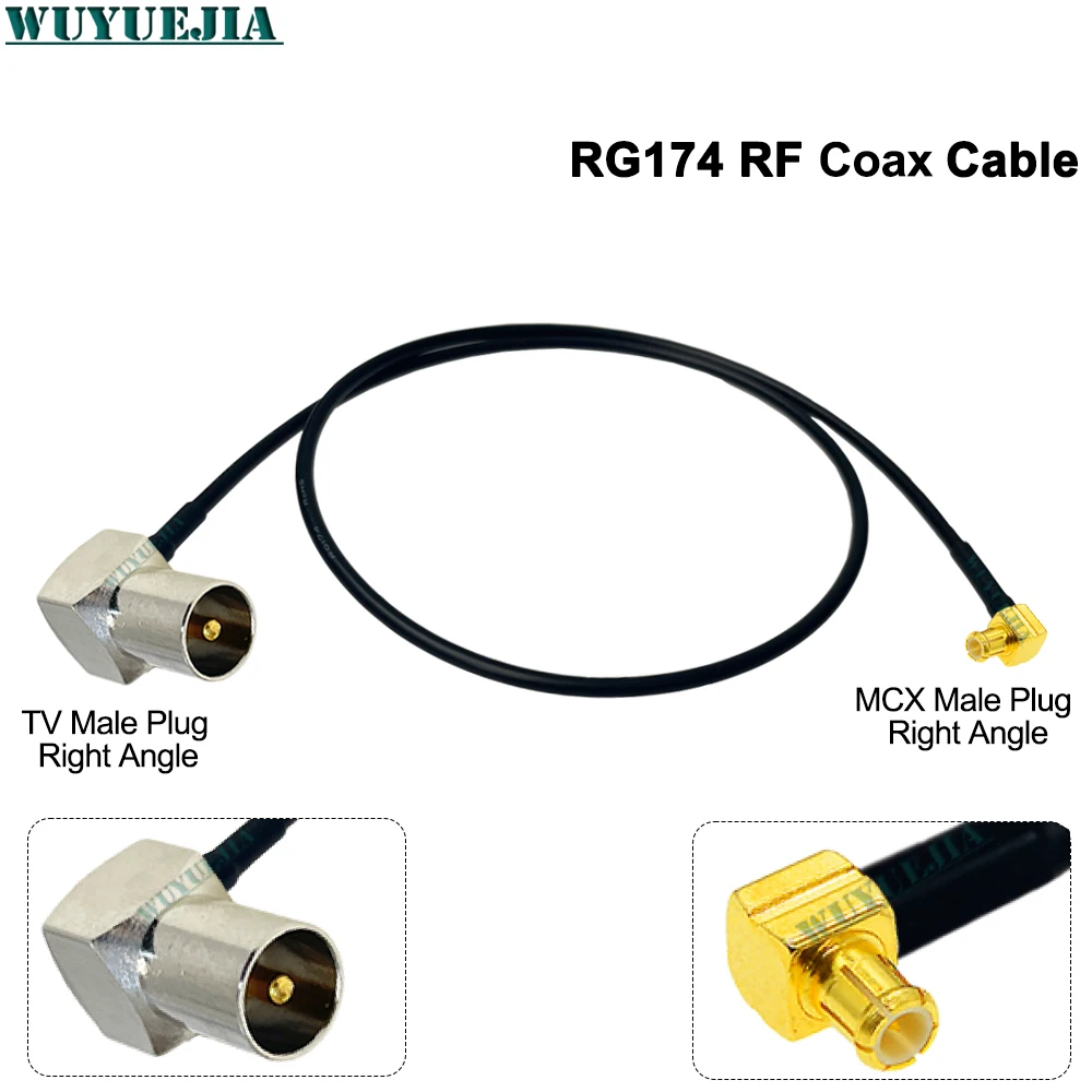 RG-174 كابل التلفزيون ذكر/أنثى الزاوية اليمنى إلى MCX ذكر موصل قابس 50 أوم محوري تمديد الحبل ضفيرة لاستقبال التلفزيون المحمول