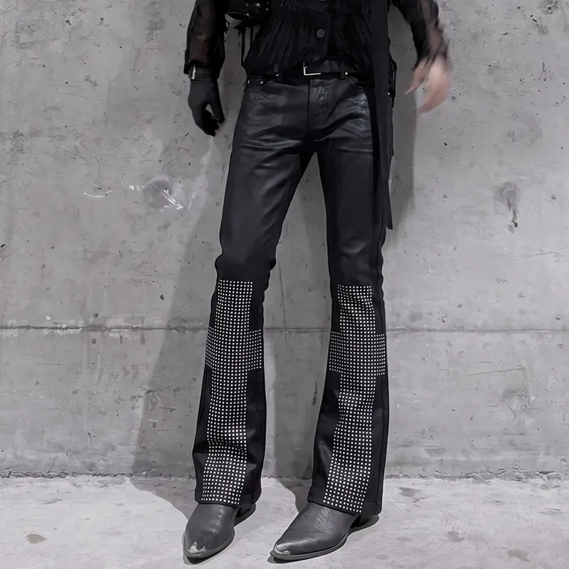 Mens Black Waxed Coated Jeans White Stud Details Fit Flared Denim Pants for Alternative Streetwear