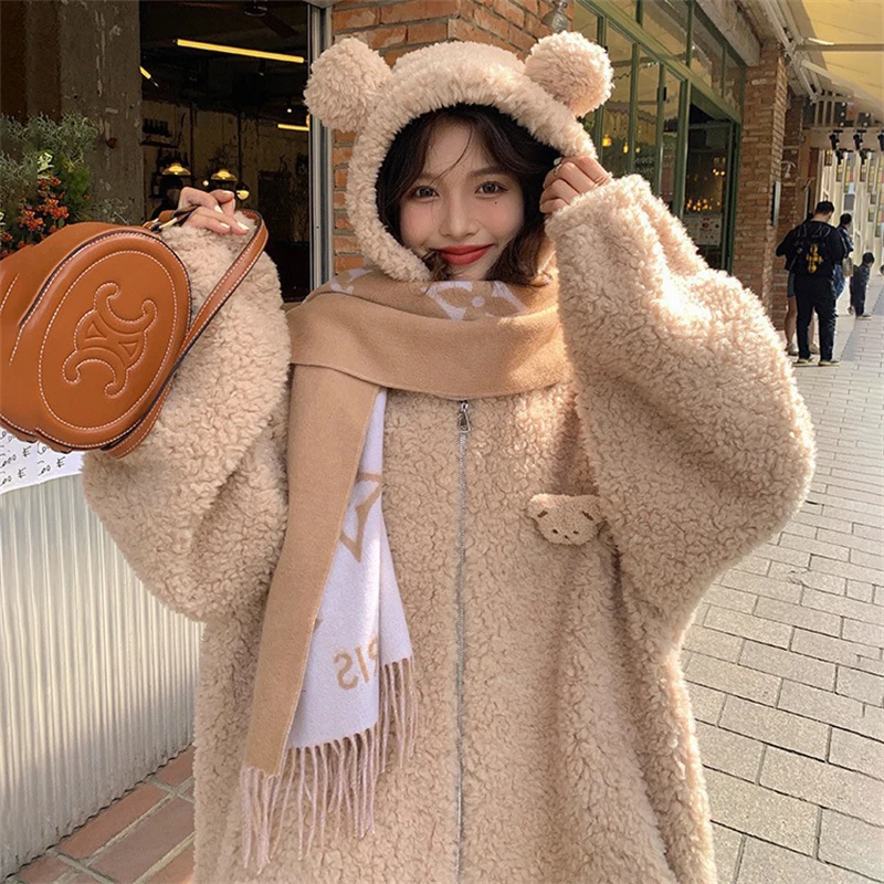 Korean Version Autumn Winter New Bear Ear Hoodie Imitation Lamb Wool Hoodie Women\'s Loose And Slim Cute Plush Coat Jacket