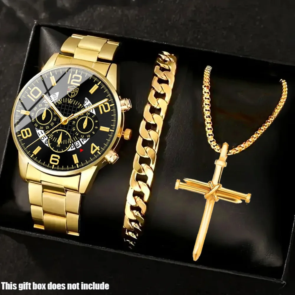 Роскошный мужской комплект часов из трех предметов с ремешком из сплава. Мужские часы для отдыха. Мужские часы и браслет-ожерелье в подарок для мужчин.