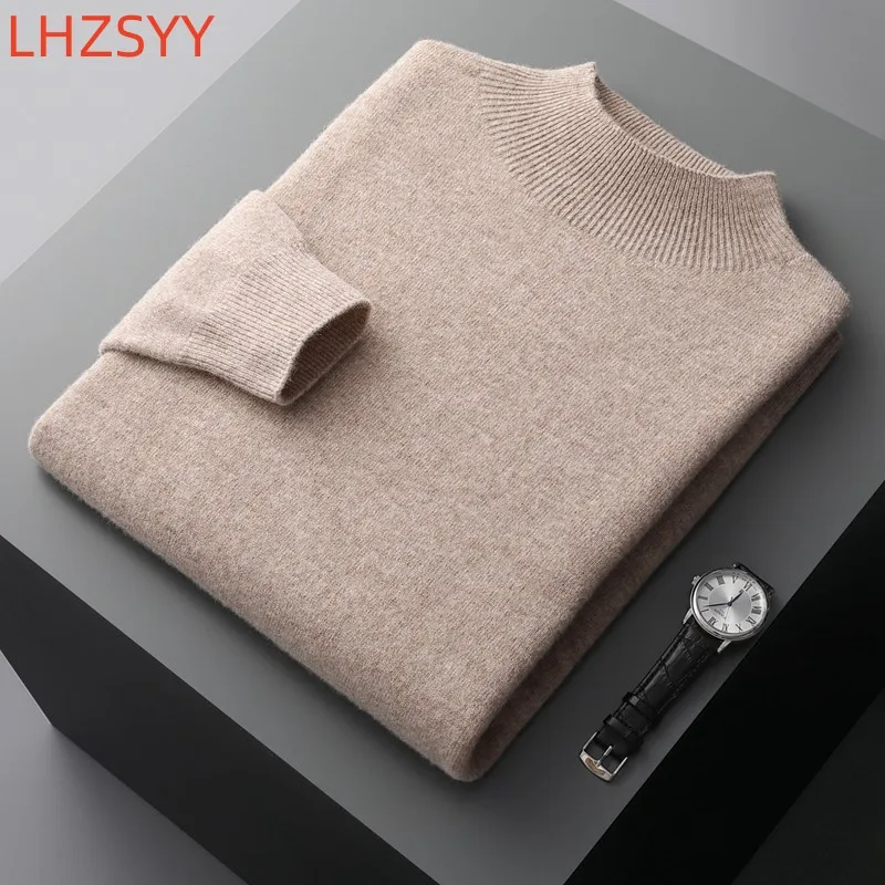 Men\'s Semi-High Collar First-line Clothing 100% Pure Wool Sweater Autumn New Loose Knit Pullover Leisure Long Sleeve Jacket Tops