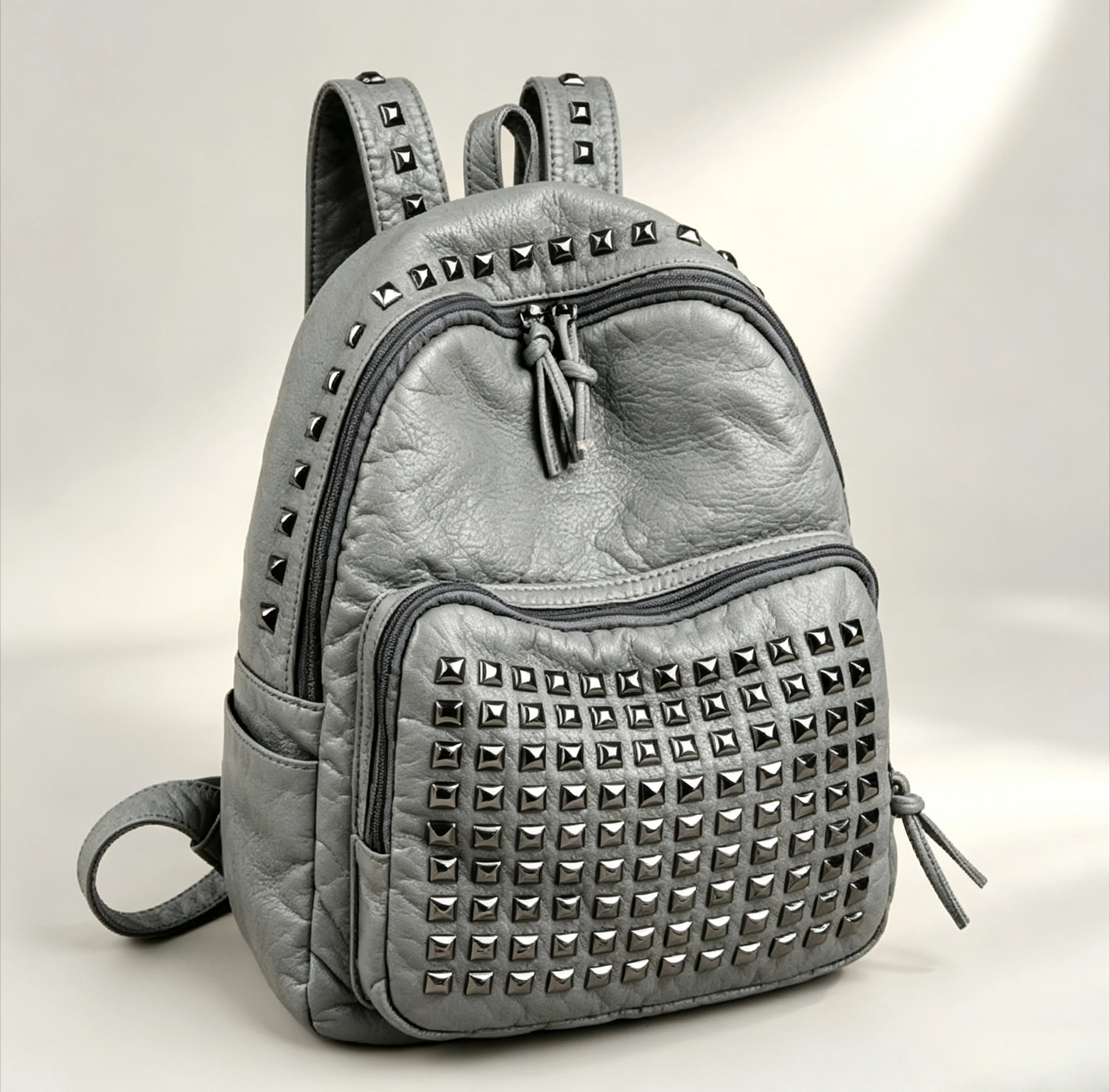 Women Vintage Washed Leather Backpack, Punk Square Studded Rivet Backpack, Large Capacity Casual Travel School Rucksack