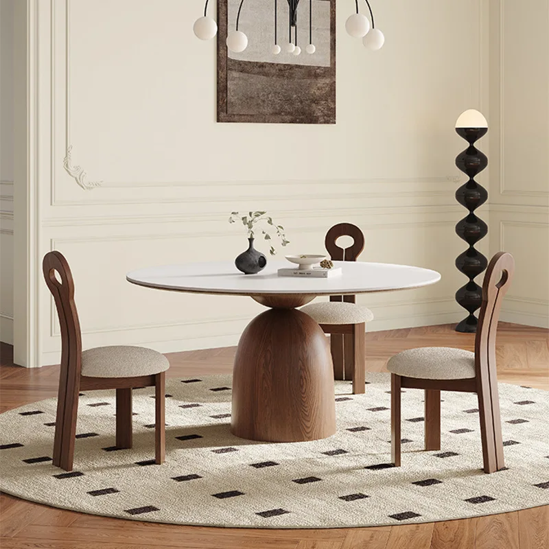

Medieval solid wood round dining table with turntable household rock slab round table walnut color wabi sand wind dining table a