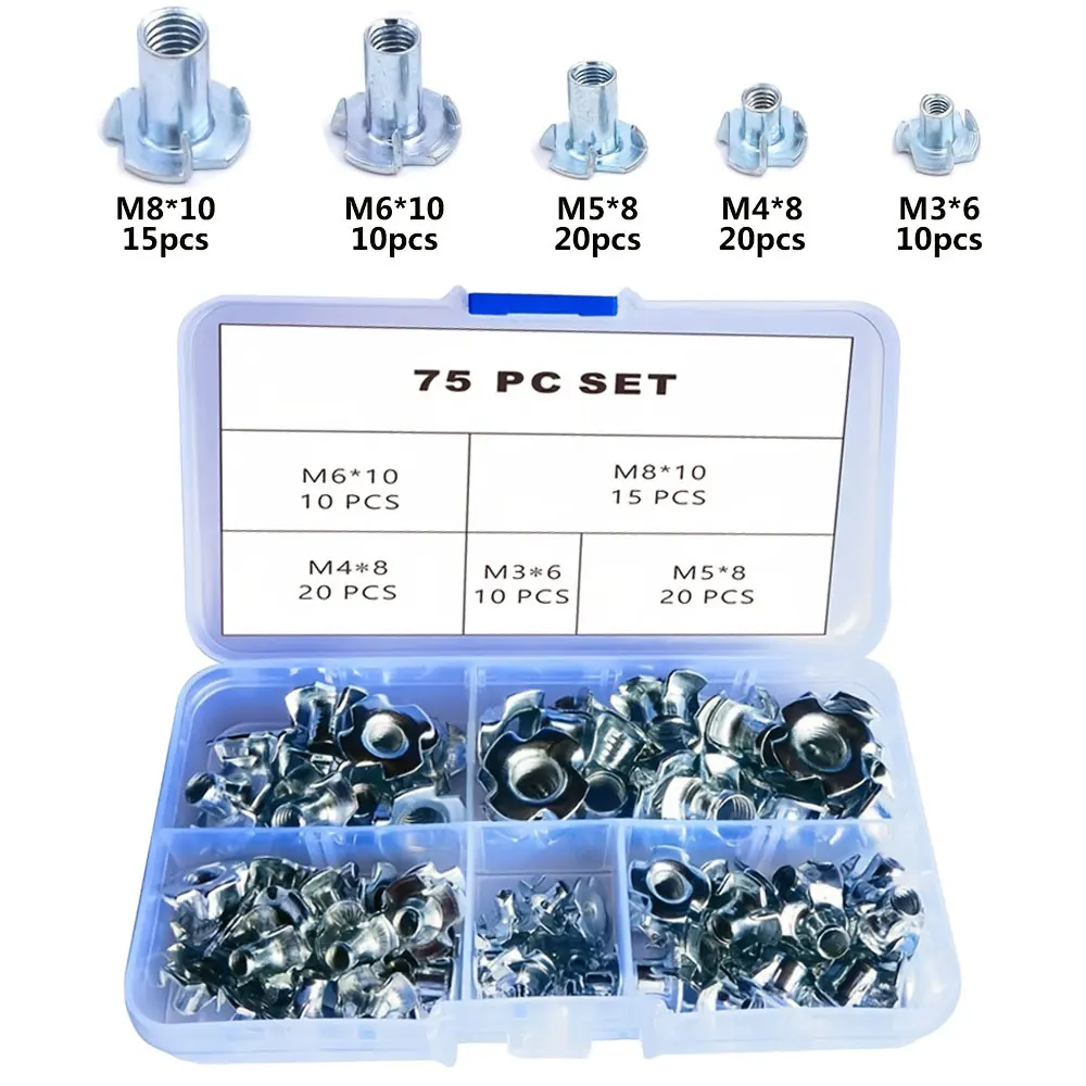 75PCS 4-Impact Point Insert Nuts - M3-M4-M5-M6-M8-M10 Threaded Inserts, For Climbing, Brackets, Cabinetry, Woodworking & Furnitu