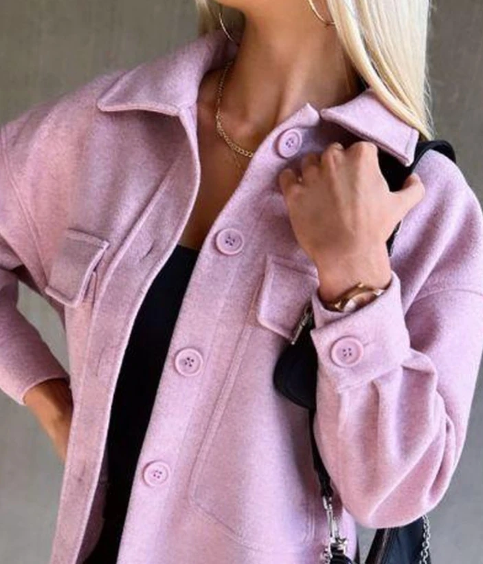 Women's Jacket 2024 Spring Autumn Fashion Button Front Pocket Design Turn-Down Collar Long Sleeve Casual Plain Daily Shacket Top