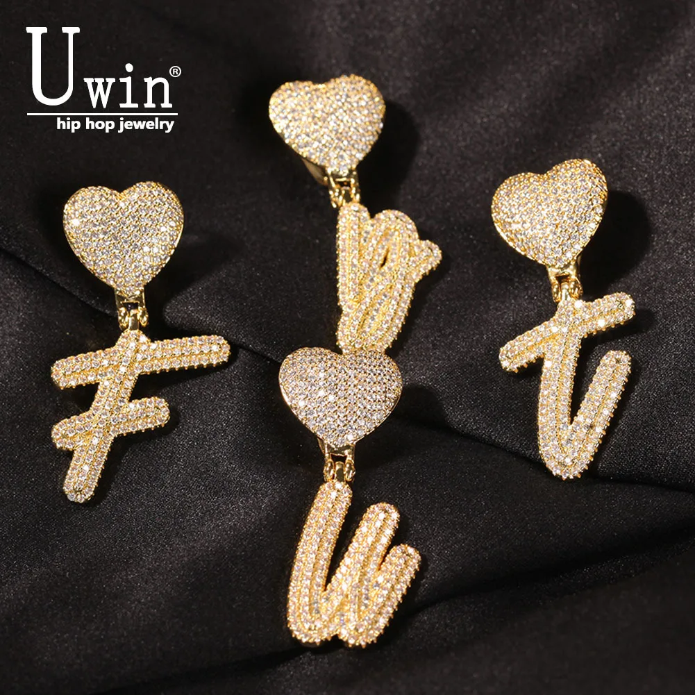 Uwin Intial Name Necklace Brush Letters With Heart Bail Brush Cubic Zirconia Jewelry Charm Hip Hop Drop Shipping 