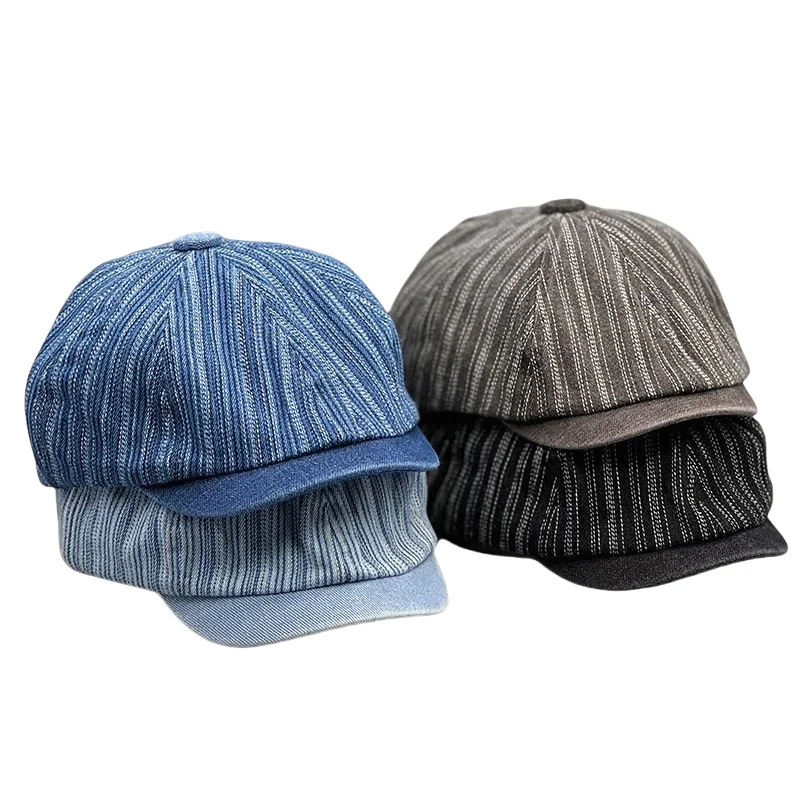 Striped cowboy front hat Fall Winter trend Spring and Autumn Beret hat couples Newsboy painter hat short brim men and women