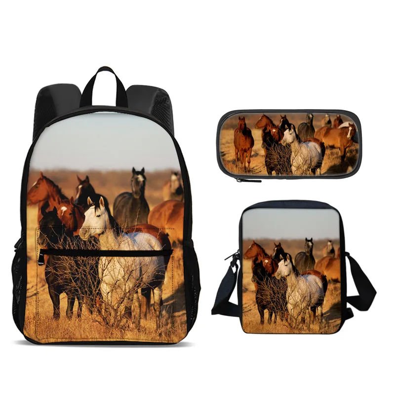 Horse backpack, pencil case, shoulder bag, 3Pcs Set, animal horse 3D printing, large capacity student new item
