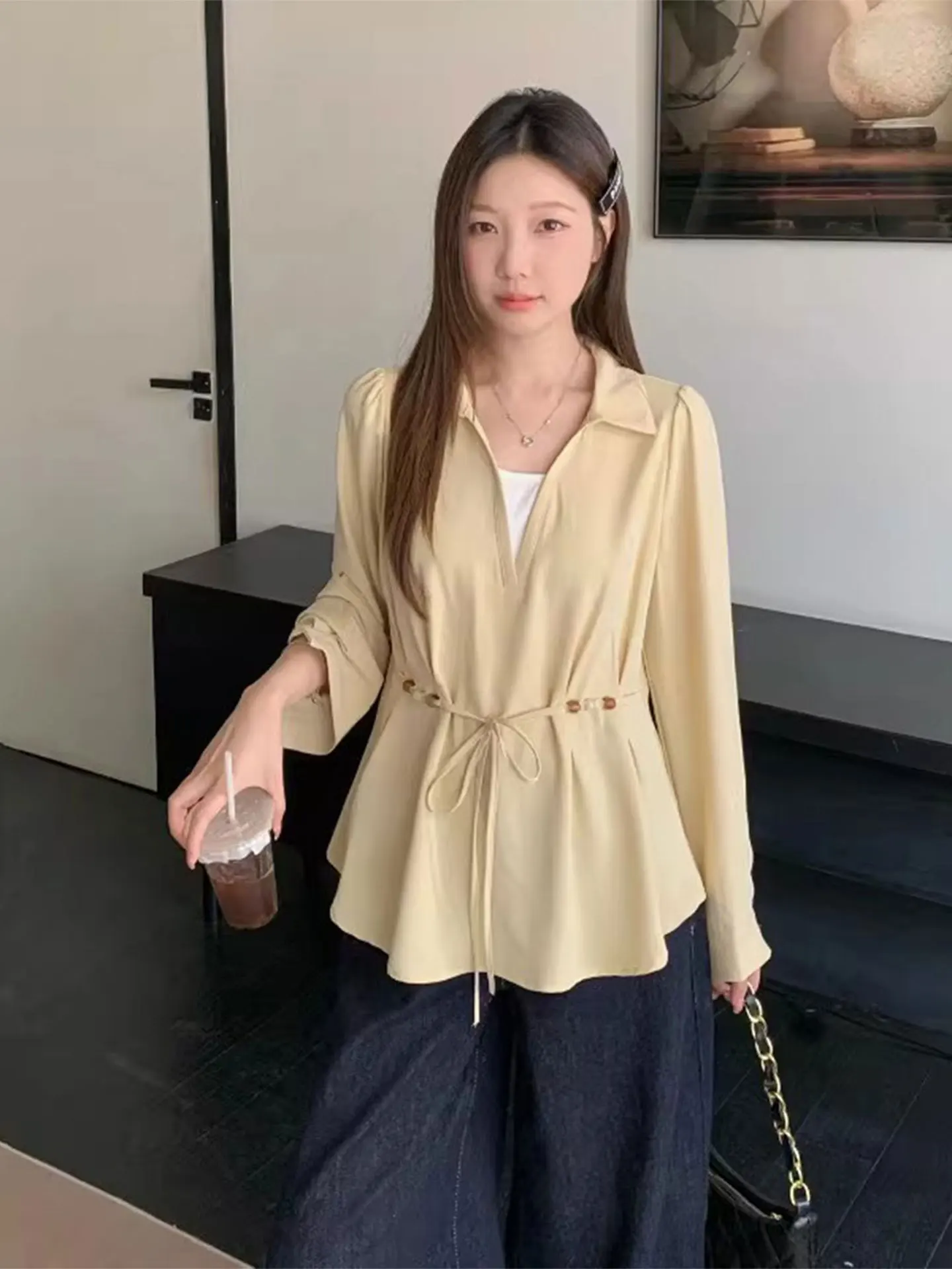 

V-Ne Long Sve Women's irt Spring 2026 Casual Loose Fit Beaded Waist Tie Design Casual Feel Good All Day Long