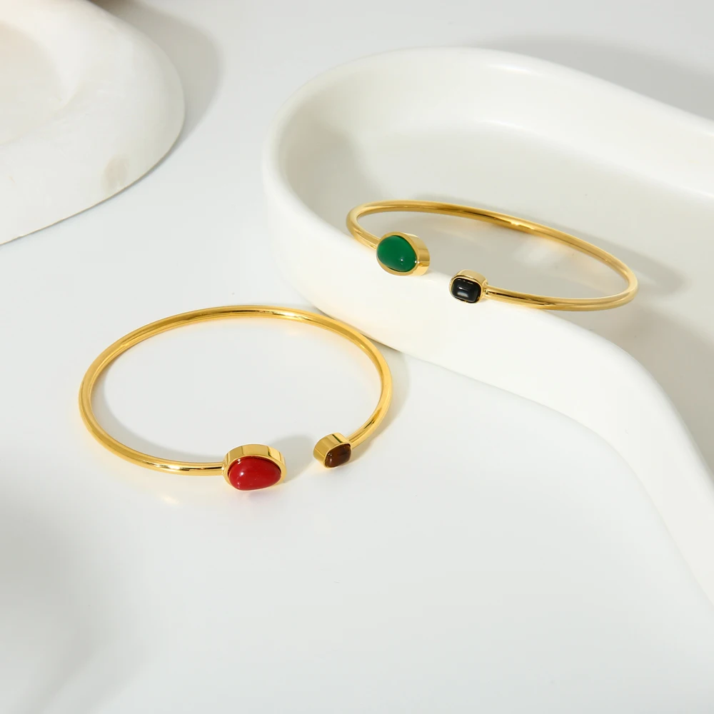 New Stainless Steel Natural Stone Open Cuff Bracelet Bangle Green Red Black Stone PVD 16K Gold Plated Tendy Jewelry for Women - Image 5