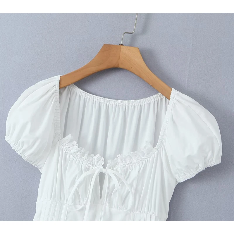 Yenkye-vestido feminino com cordões de manga curta, enfeite de renda doce, vestido branco fino, festa de férias, roupinha casual de algodão, novo, verão