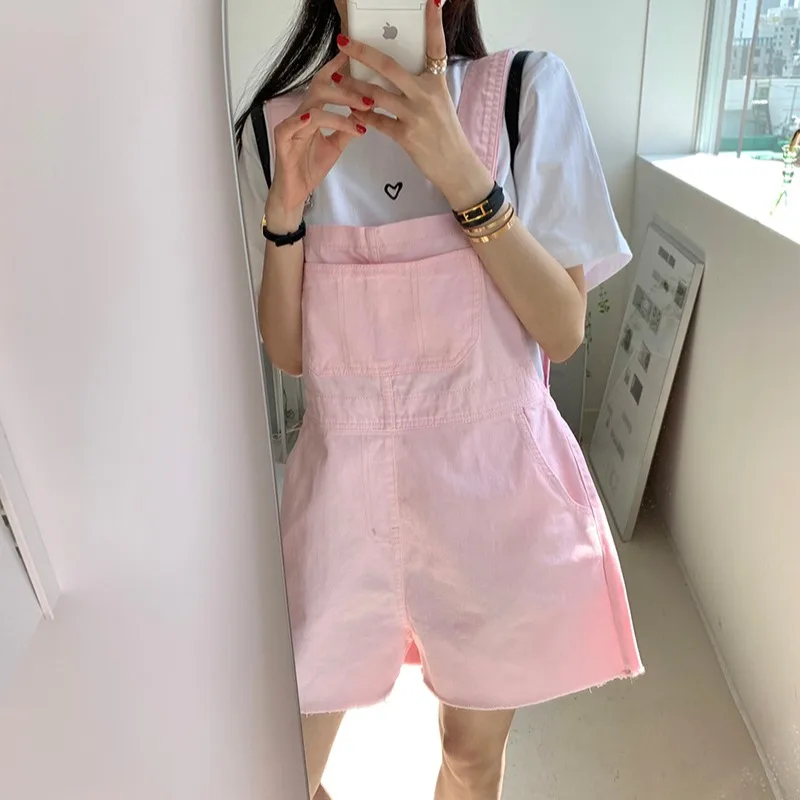 

Vintage Korean Style Denim Overalls Powder Blue High Waist Wide Leg Casual Jeans Short Pants Cotton Material Summer Wear