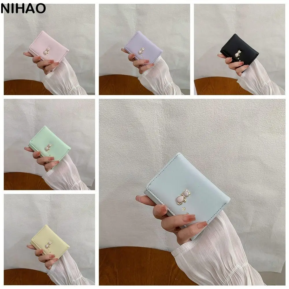 

Storage Bag Portable Cute Tri-Fold Purses Cat Multiple Card Slot Short PU Wallet Money Bag Candy Color Folding Coin Purse Girls