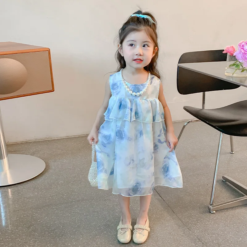 Girls Summer Dress 2024 New Style Baby Summer Dress Princess Skirt Korean Sweet Style Skirt Simple Casual Style All-match