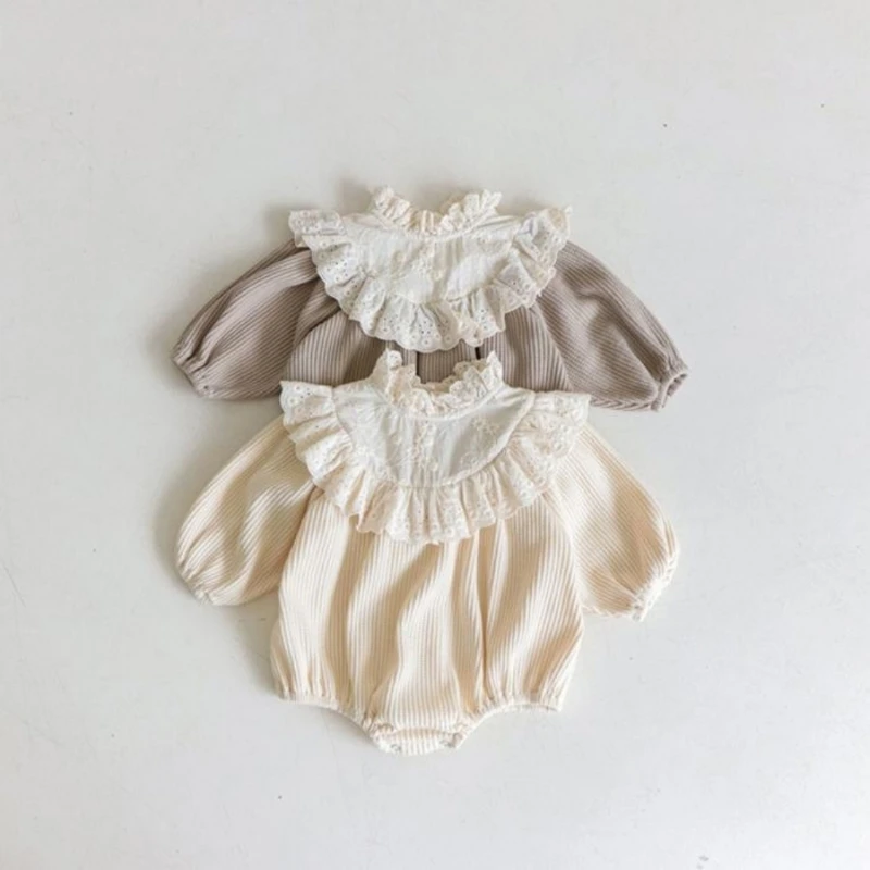 Newborn Baby Girl Vintage Romper Lace Ruffle Infant Toddler Longsleeve Jumpsuit Onepiece Outfit Autumn Spring Baby Clothes 3-18M