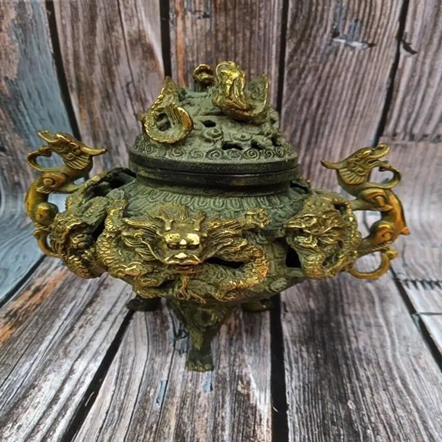 Chinese Bronze Divine Beast Gilded Nine Dragon Incense Stove