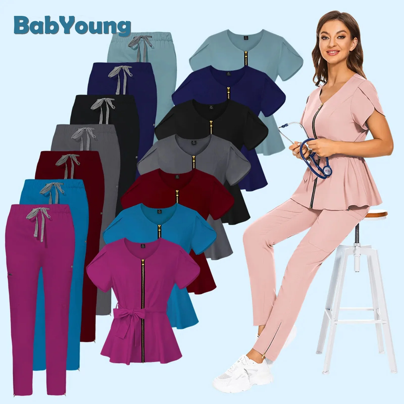 

Plug Size Beautician Tops+pants V Neck Solid Color Women Medical Short Sleeved Spa Uniform Nurse Clothes Doctor Workwear