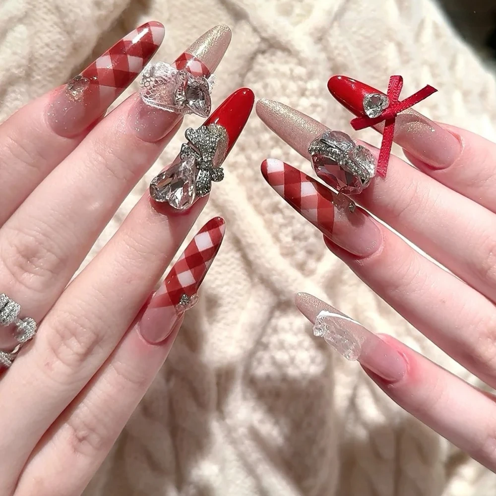 New False Nails 10Pcs French Red Christmas Bow Design Handmade Press On Nails 3D Long Almond ABS Artificial Nails with Set