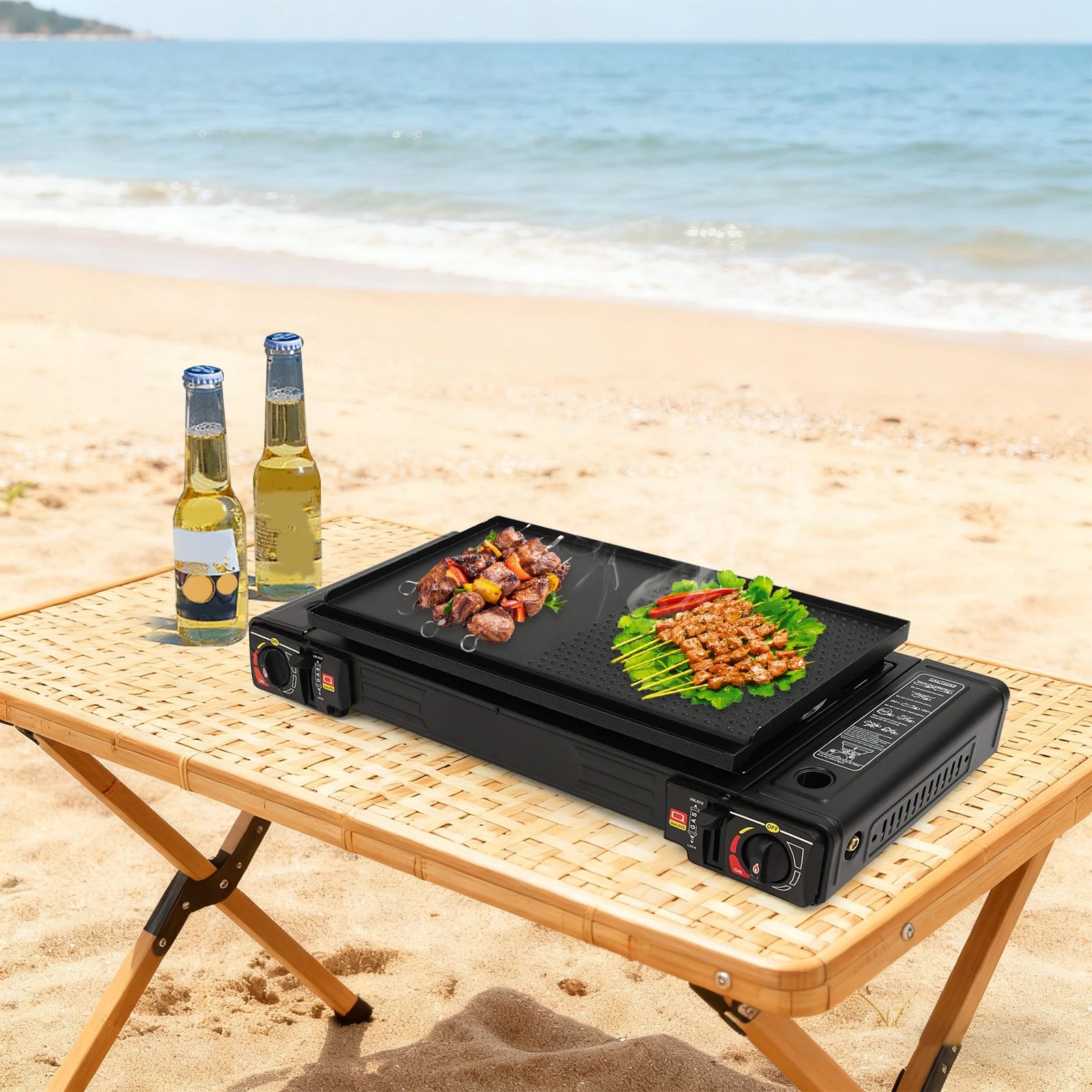 Réchaud de Camping à double brûleur, équipement de cuisine Portable en plein air avec plateau de gril et mallette de rangement pour pique-nique barbecue randonnée