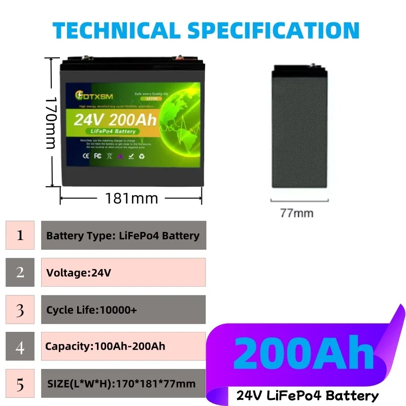 بطارية 24VLiFePO4 32700 200AH مع مدمجة 120A BMS RV فوسفات الليثيوم الحديدية القابلة لإعادة الشحن، بطارية خارج الشبكة تعمل بالطاقة الشمسية #6