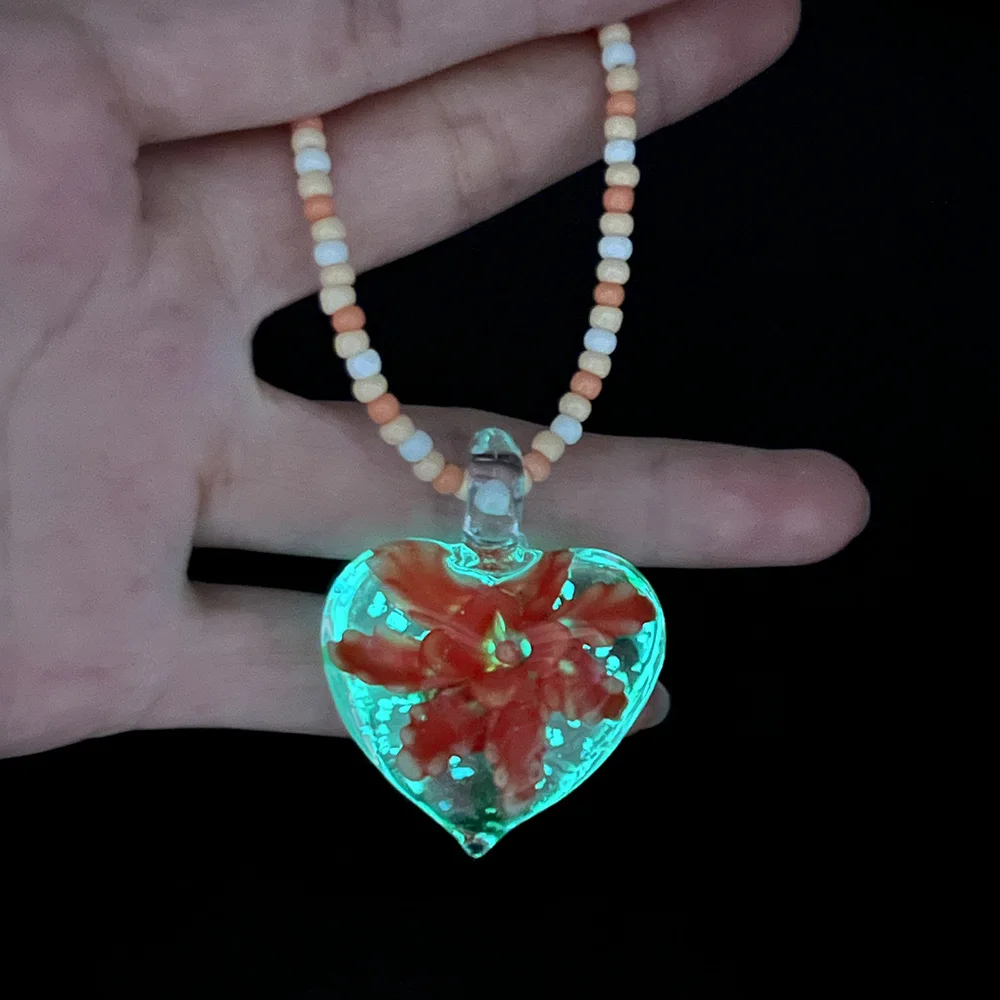 4PCS Charming Noctilucent Heart Love Murano Lampwork Cute Glass Pendants Flower Charms Necklace For Girl Women Jewelry Gift