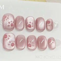 Cute Cat's Eye Fake Nails Short Round 3D Cat's Claw Decor Artificial Nails Press on Nails Wearable Flash False Nails Finished