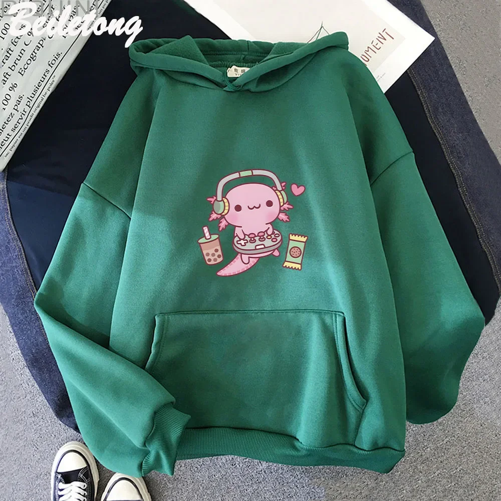 Cute Axolotl Loves Playing Video Games Funny Hoodies Kawaii Cartoon Woman Sweatshirts Winter Long Sleeve Fashion Cloth Pullovers