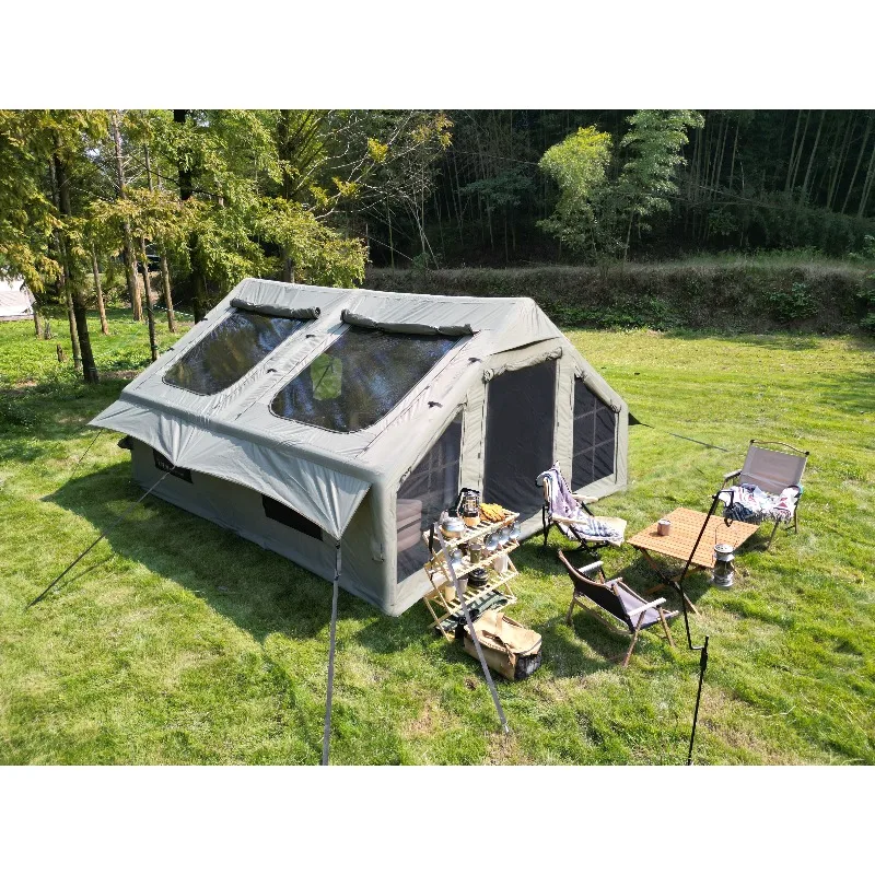 Grande tente de camping gonflable pour famille de 8 personnes, imperméable PU3000mm UPF50+ protection UV, double entrée et 6 fenêtres avec moustiquaires, structure à arceaux pneumatiques facile à installer, capacité 4 personnes, capacité d'accueil 8 personnes