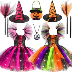 Halloween Luminous Girl Witch Cosplay Costume Festive Evening Party Purple Rose LED Light Tulle Tutu Dress Kids Vampire Dress Up