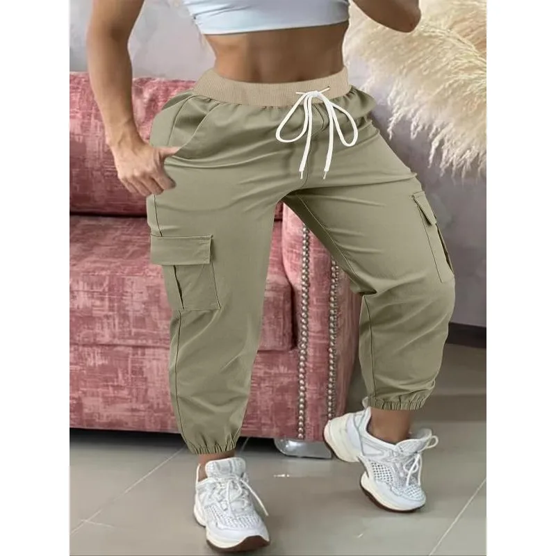 Lässige, einfarbige Arbeitshose für Damen in Übergröße mit Taschen, lässiger, taillierter Stil, Frühling und Herbst, bequeme Hose aus gewebtem Stoff