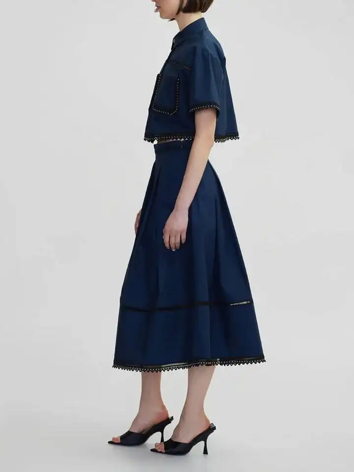 QMQA Fashion Women's Solid Two Piece Sets Lapel Short Sleeve Tops High Waist A Line Skirt Slimming Sets 2026 Female New QM1112