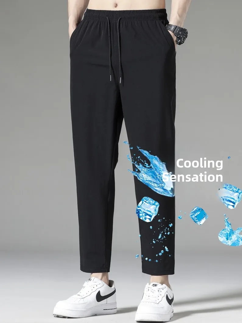 

Qui Dry Ice Silk Thin Summer Casual Pants Men's Loose Spor Nine Point Trousers Straight Leg ket mid Waist Polyester Sp...