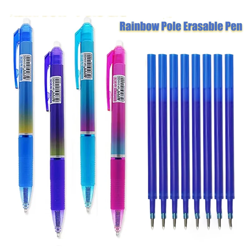 Creative Erasable Rainbow Pole Erasable Gel Pen with Eraser 0.5mm Blue Magic Ink Student Writing Painting Stationery Supplies