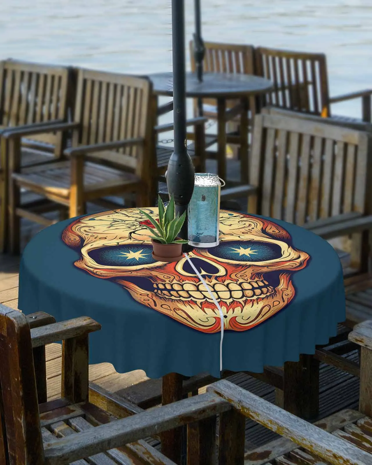 Skull Rose Outdoor Tablecloth with Umbrella Hole Zippered Waterproof Table Cloth Picnic BBQs Patio Round Rectangle Table Cover