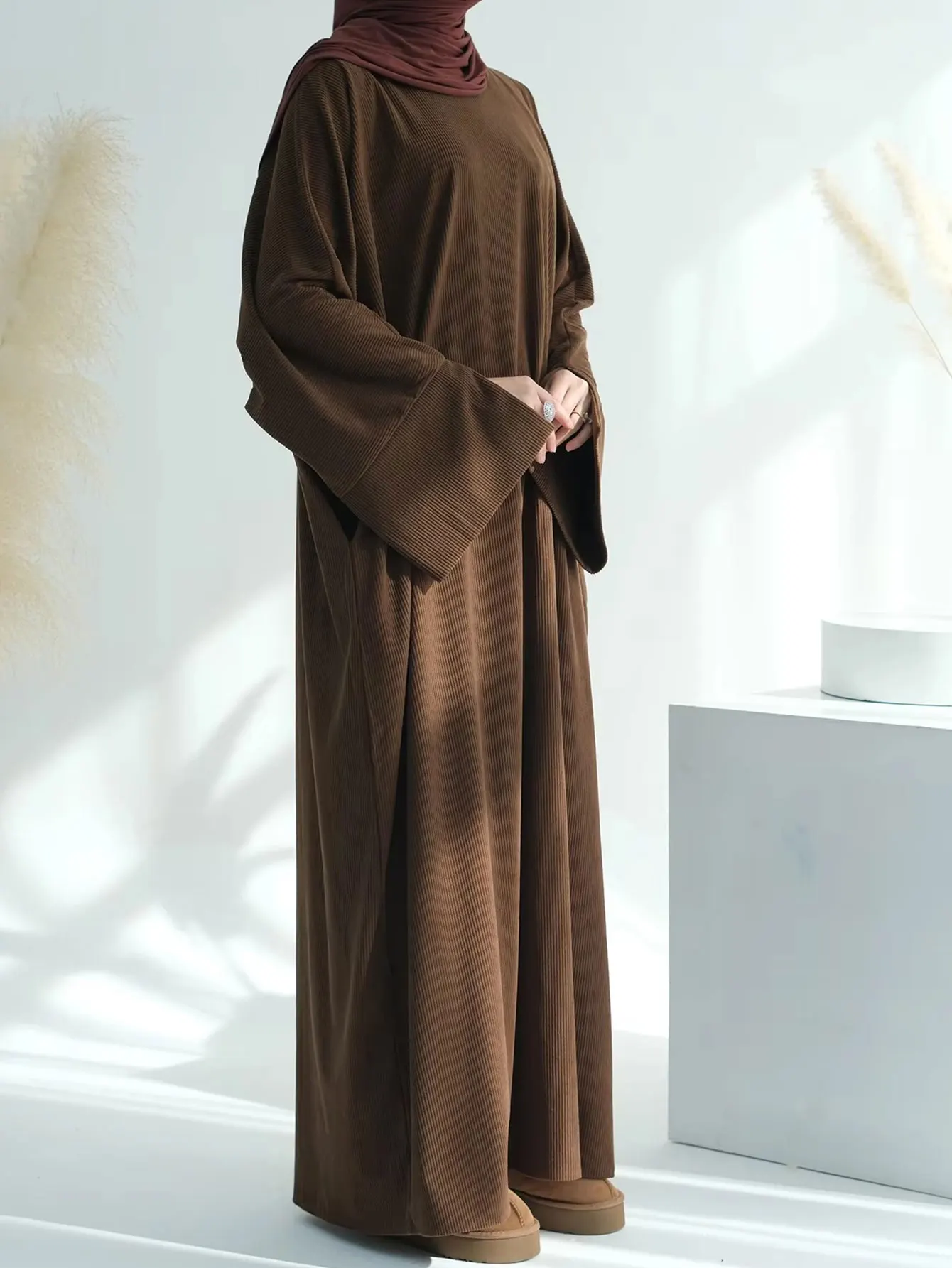 Corduroy Abaya Winter With Side Pockets Thick Warm Ramadan Islamic Clothing Muslim Women Long Sleeve Modest Dress Robes