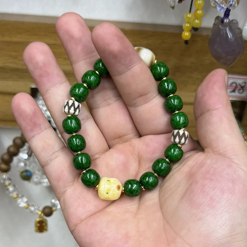 Tibetan-style green dragon horn single-loop bracelet, Buddhist prayer beads, decorative accessory, fashionable handmade, large q