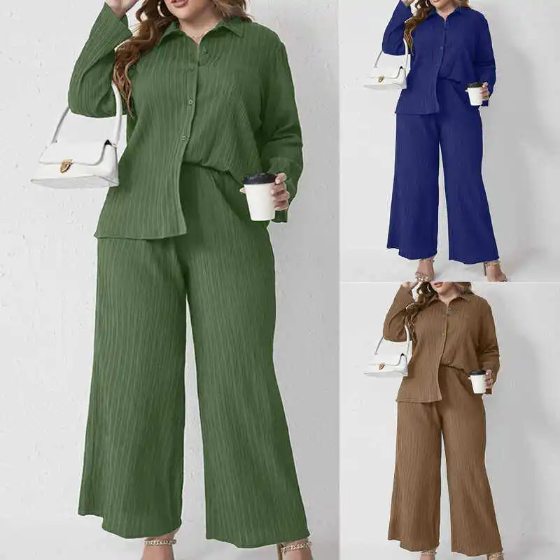 

plus Size Autumn Women's Fashion Casual Shirt Pants Set Long Sleeve Button up Polyester Workwear Two-Piece Suit for Office